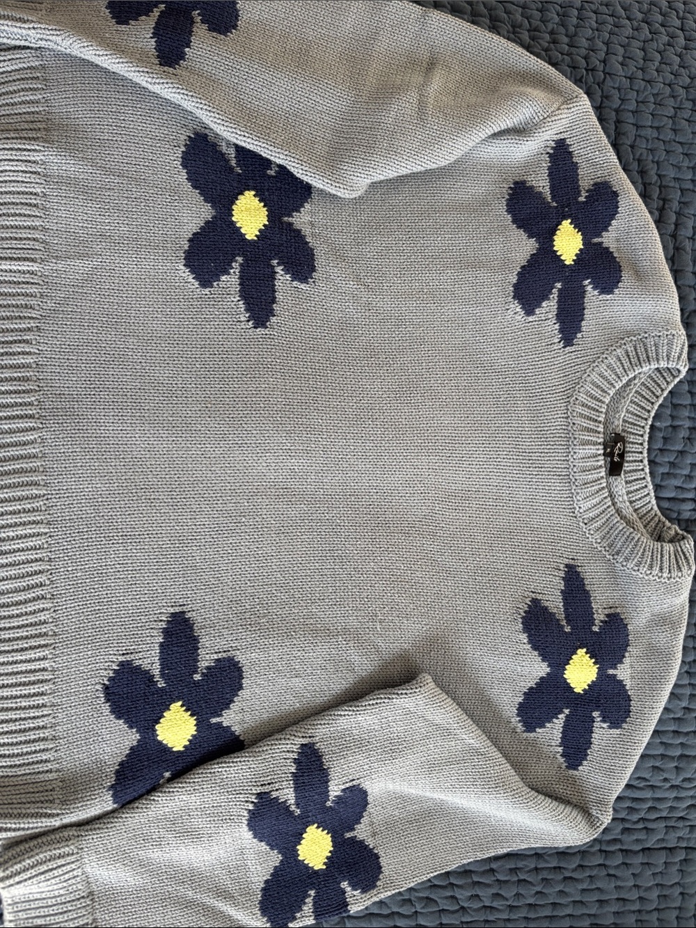 Rails Blue Crewneck Sweater with Navy & Yellow Floral Intarsia